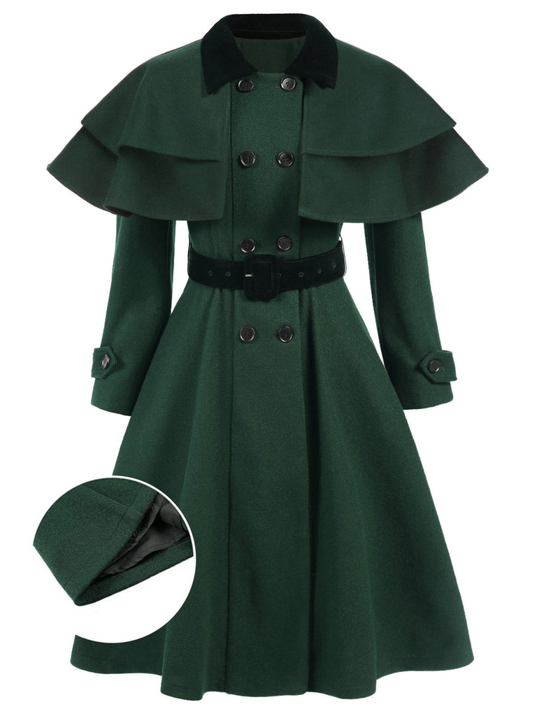 Manteau croisé vert avec ceinture et cape des années 1930