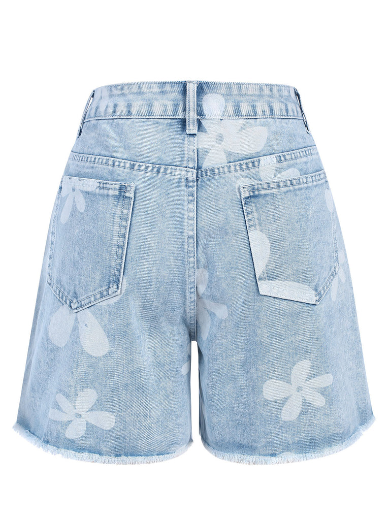 Short en jean bleu clair à ourlet brut et motif fleuri des années 1950