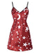 Chemise de nuit rouge à bretelles spaghetti lune et étoiles des années 1960