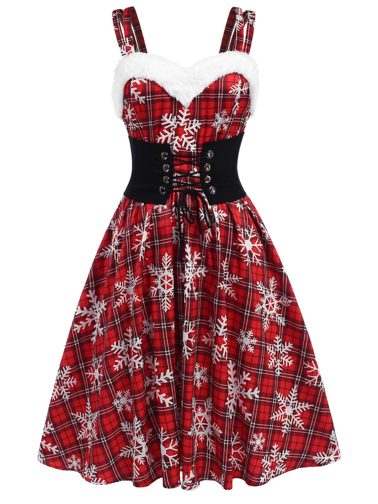 [Pré-vente] Robe rouge à carreaux bordure en peluche flocon de neige des années 1950