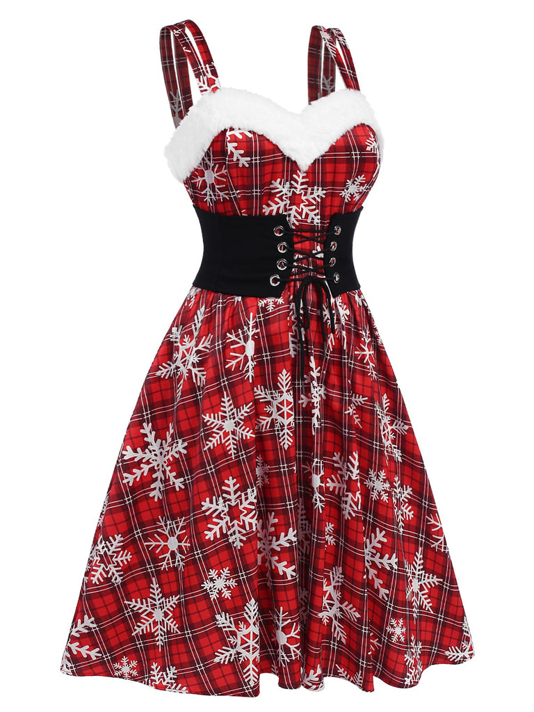 [Pré-vente] Robe rouge à carreaux bordure en peluche flocon de neige des années 1950