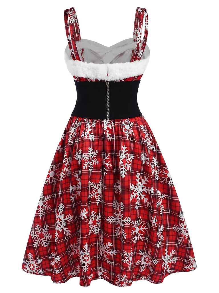 [Pré-vente] Robe rouge à carreaux bordure en peluche flocon de neige des années 1950