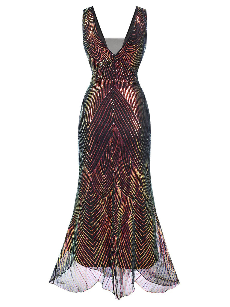 Robe de sirène à paillettes multicolores à col en V des années 1920