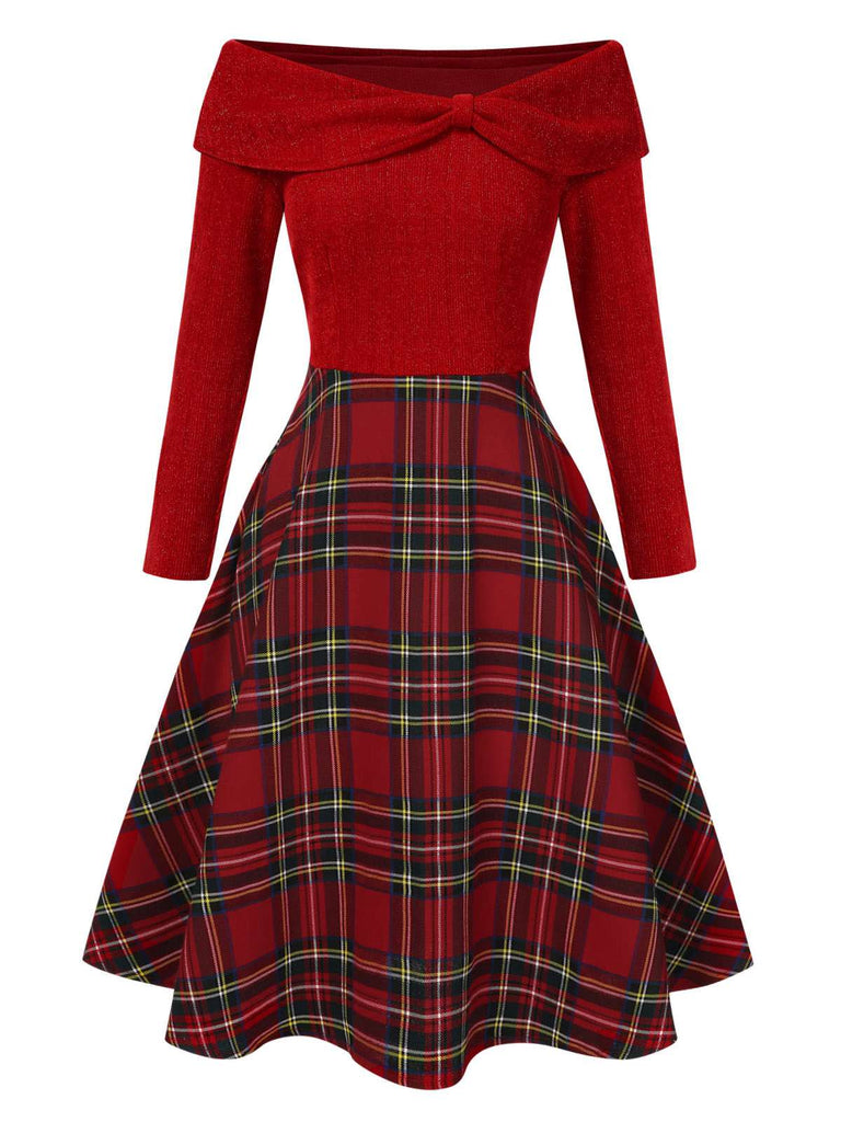 Robe de Noël verte à épaules dénudées en tartan des années 1950