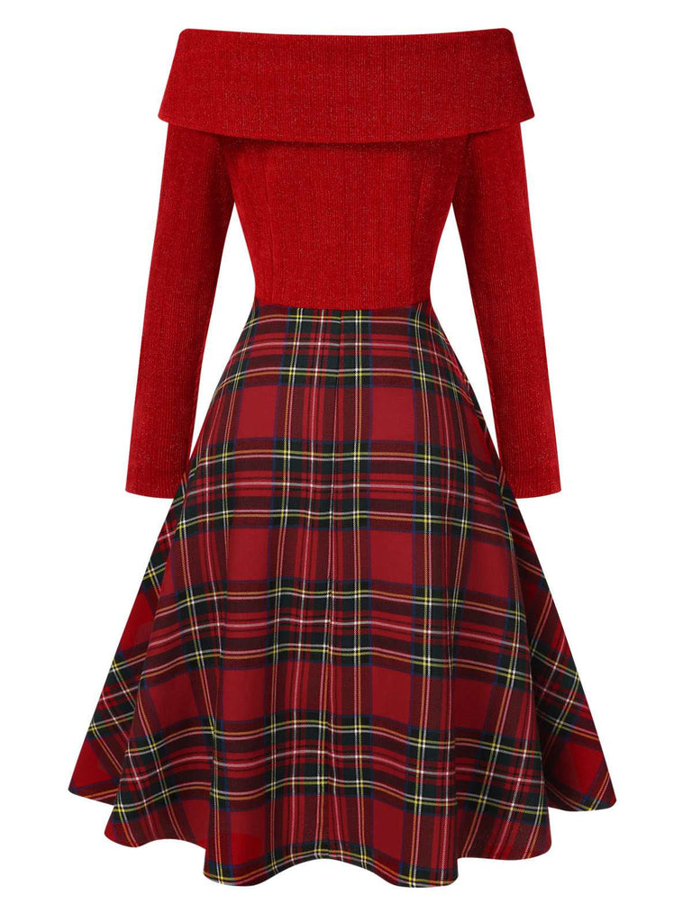 Robe de Noël verte à épaules dénudées en tartan des années 1950