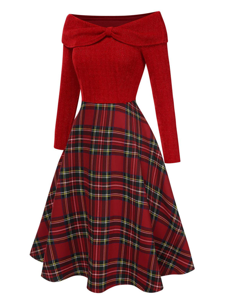 Robe de Noël verte à épaules dénudées en tartan des années 1950