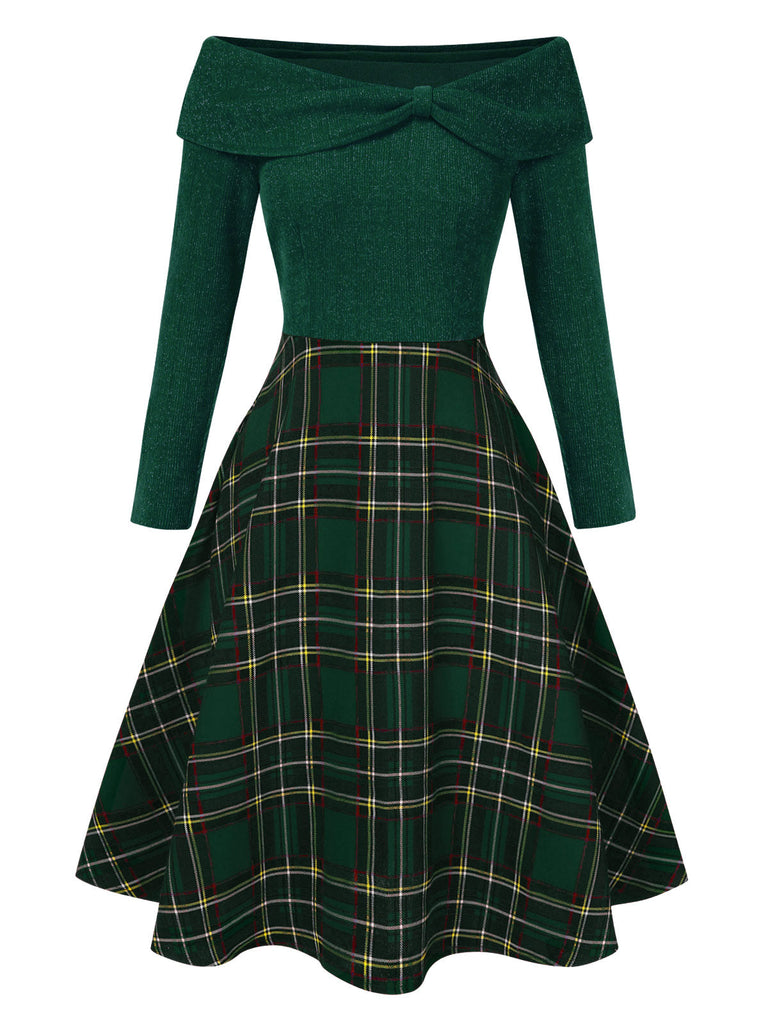 [Pré-vente] Robe de Noël verte à épaules dénudées en tartan des années 1950