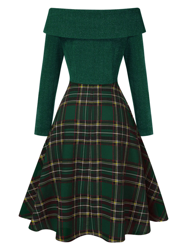 [Pré-vente] Robe de Noël verte à épaules dénudées en tartan des années 1950