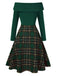 [Pré-vente] Robe de Noël verte à épaules dénudées en tartan des années 1950