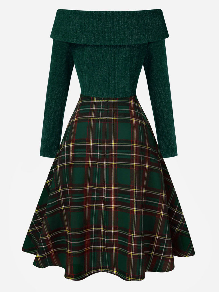 Robe de Noël verte à épaules dénudées en tartan des années 1950