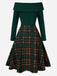 Robe de Noël verte à épaules dénudées en tartan des années 1950