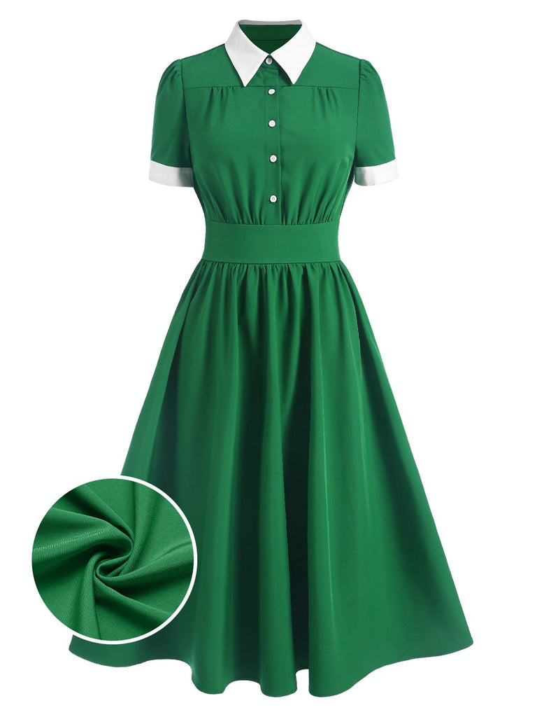 Robe chemise verte à col contrasté des années 40