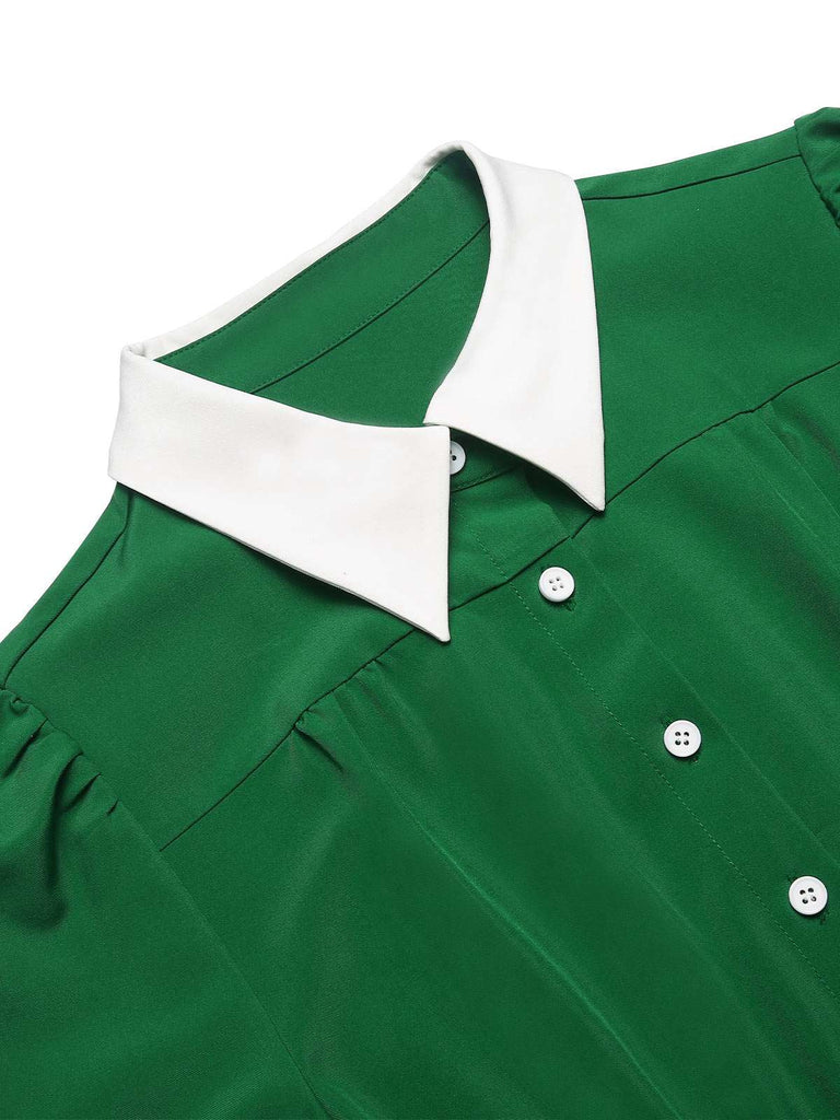 Robe chemise verte à col contrasté des années 40