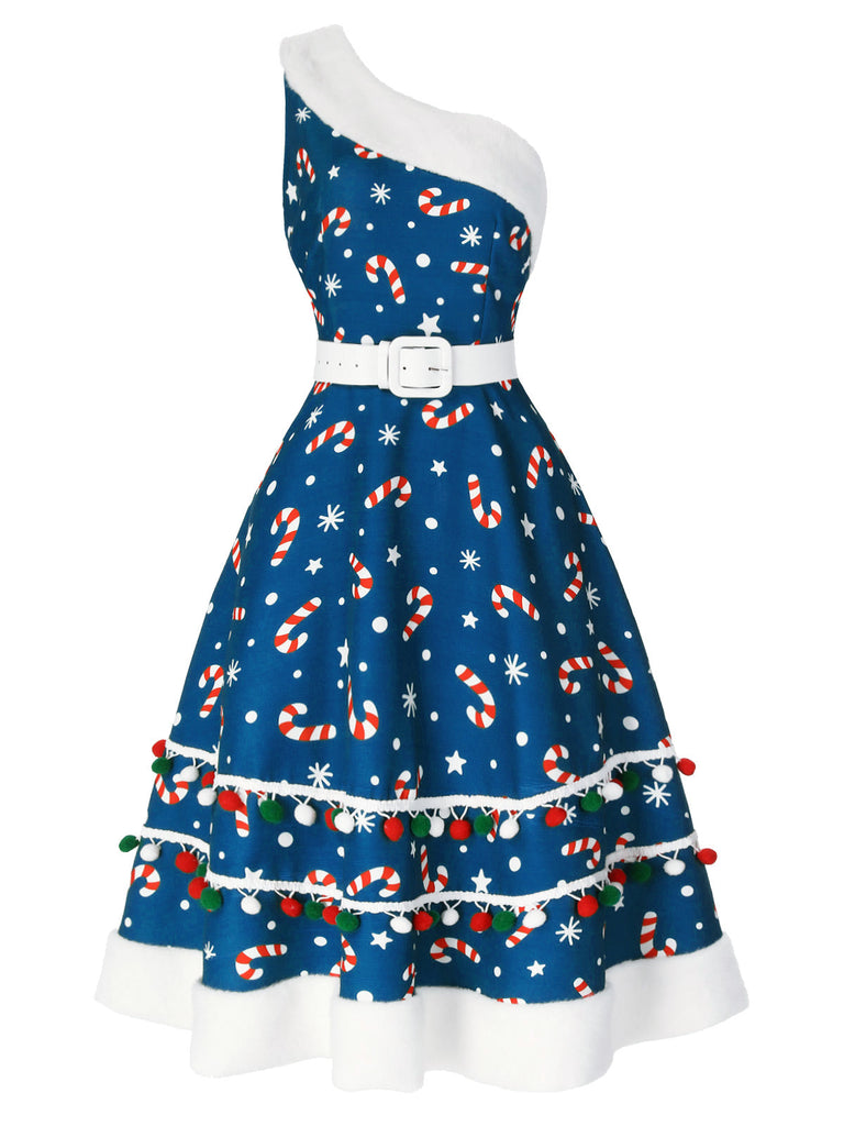 Robe une épaule bleue en forme de canne à sucre des années 1950