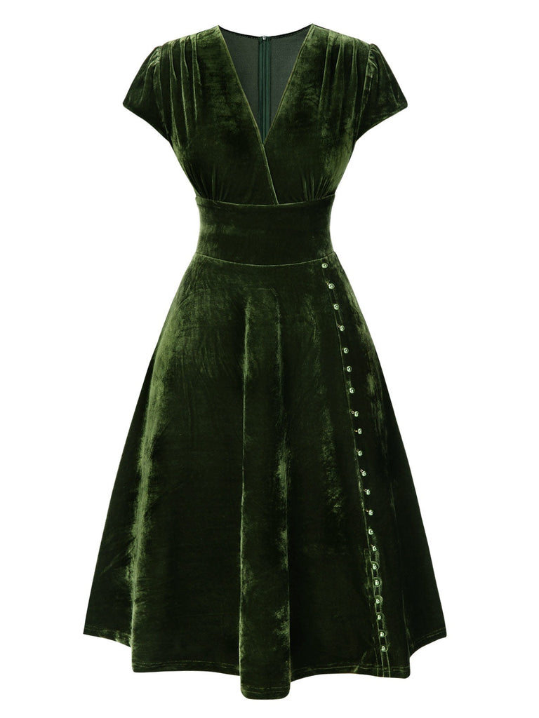 Robe verte en velours perlé à col en V des années 40