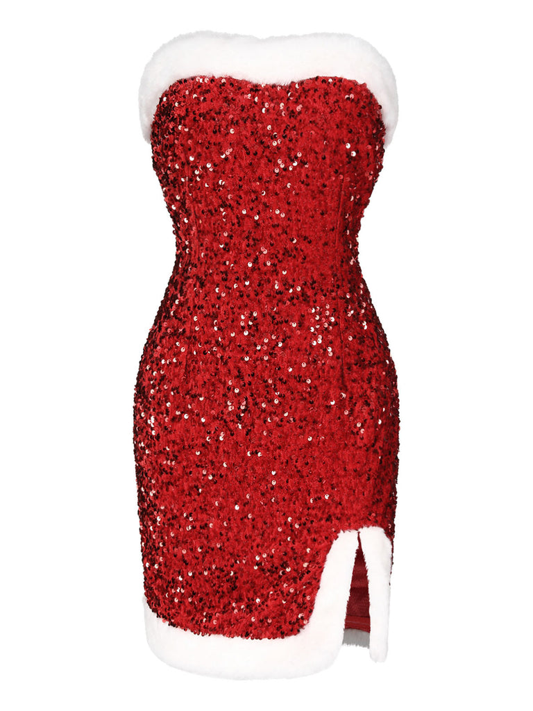 [Pré-vente] Robe bandeau rouge à paillettes et bordure en peluche des années 1960