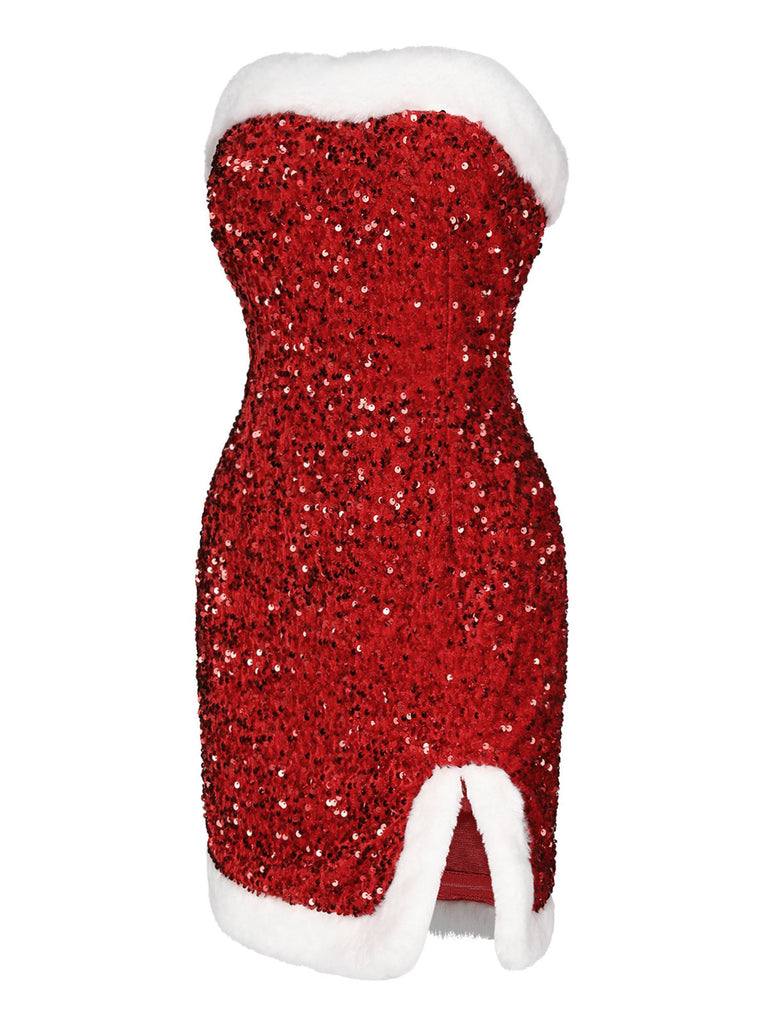 [Pré-vente] Robe bandeau rouge à paillettes et bordure en peluche des années 1960