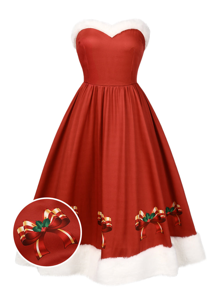 [Pré-vente] Robe rouge de Noël avec bordure en peluche et nœud des années 1950