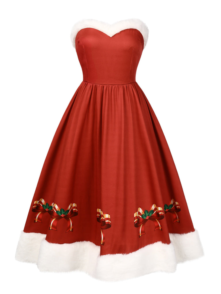 [Pré-vente] Robe rouge de Noël avec bordure en peluche et nœud des années 1950