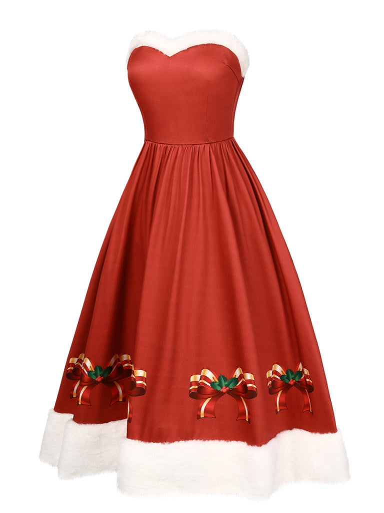 [Pré-vente] Robe rouge de Noël avec bordure en peluche et nœud des années 1950