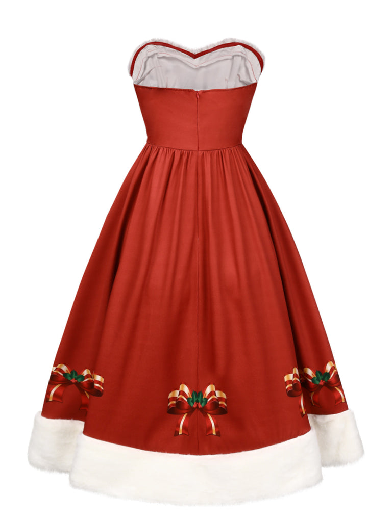 [Pré-vente] Robe rouge de Noël avec bordure en peluche et nœud des années 1950