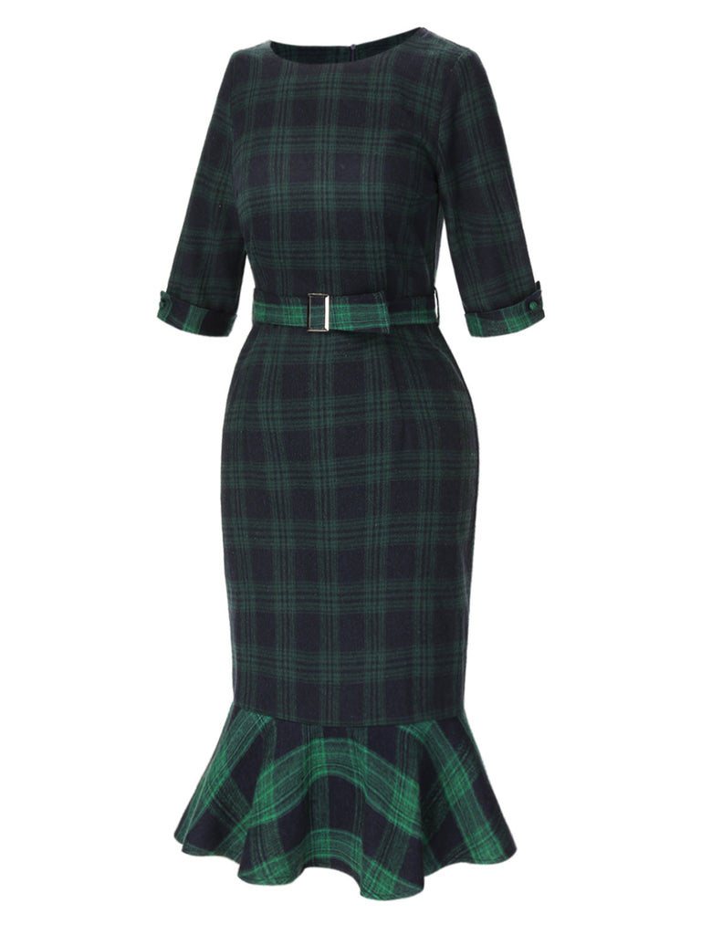 Robe sirène à col ras du cou et ceinture à carreaux tartan des années 1930