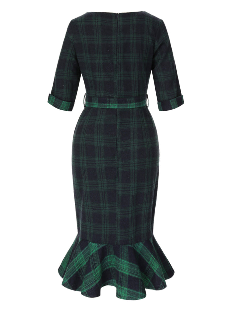 Robe sirène à col ras du cou et ceinture à carreaux tartan des années 1930