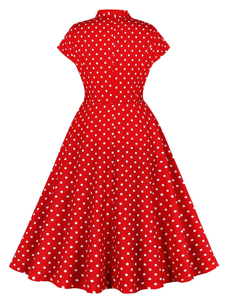 Robe chemise rouge à pois mancheron des années 1950