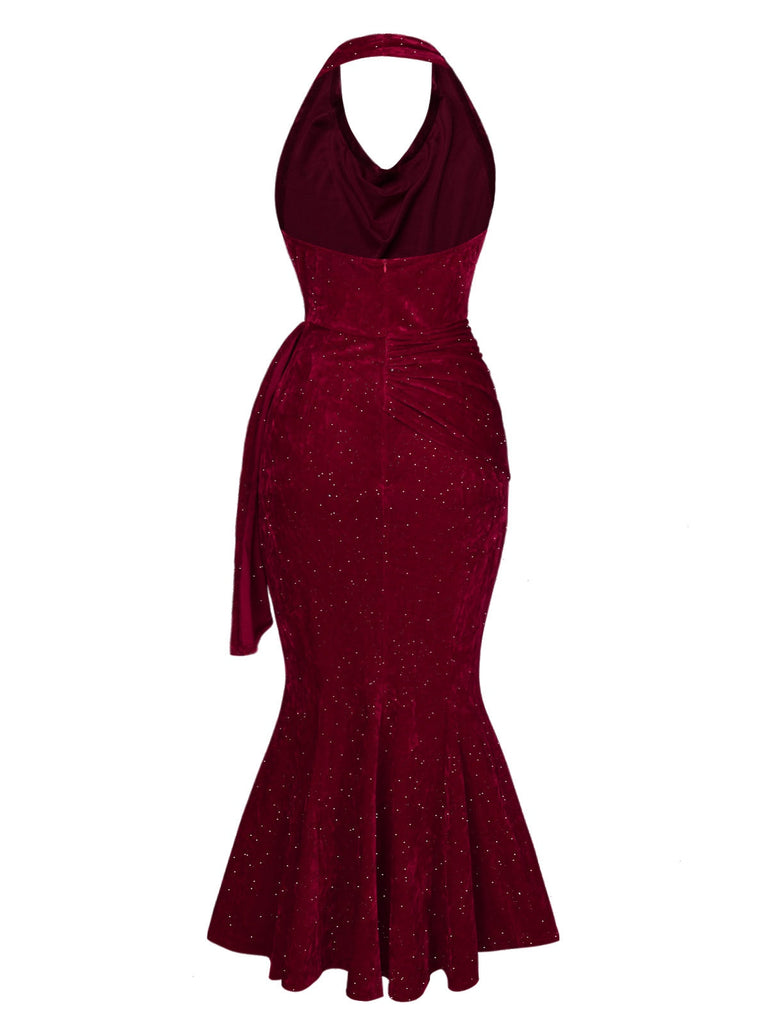 Robe sirène rouge foncé à col bénitier pailleté des années 1930