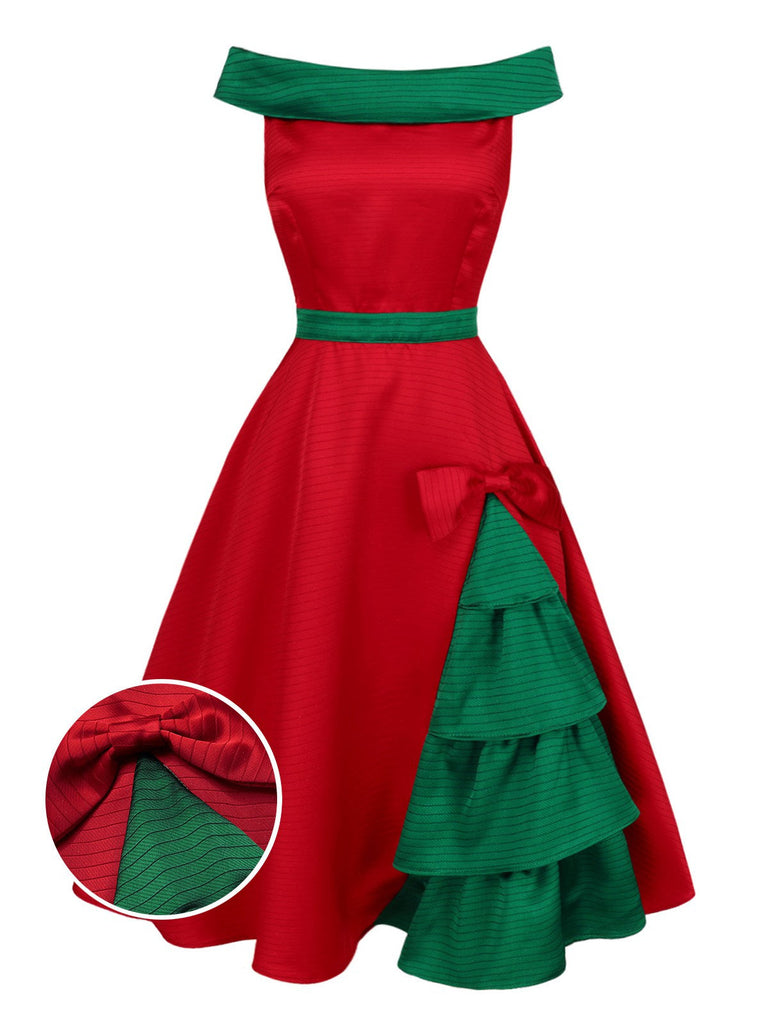 [Pré-vente] Robe à épaules dénudées rouge et verte sapin de Noël des années 1950