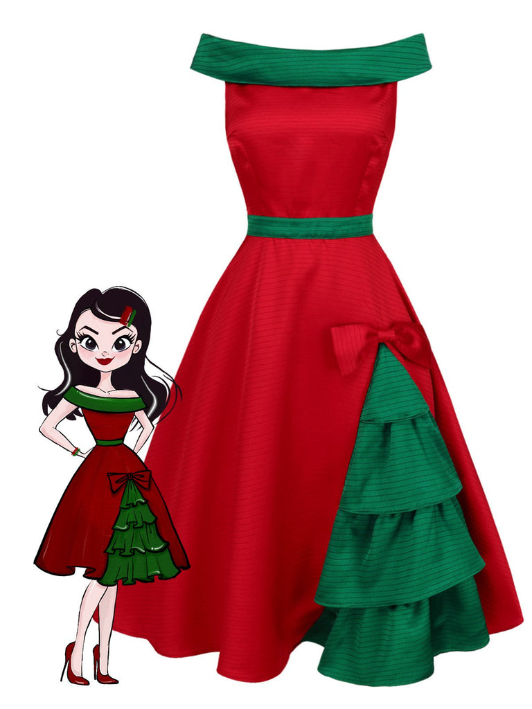 [Pré-vente] Robe à épaules dénudées rouge et verte sapin de Noël des années 1950