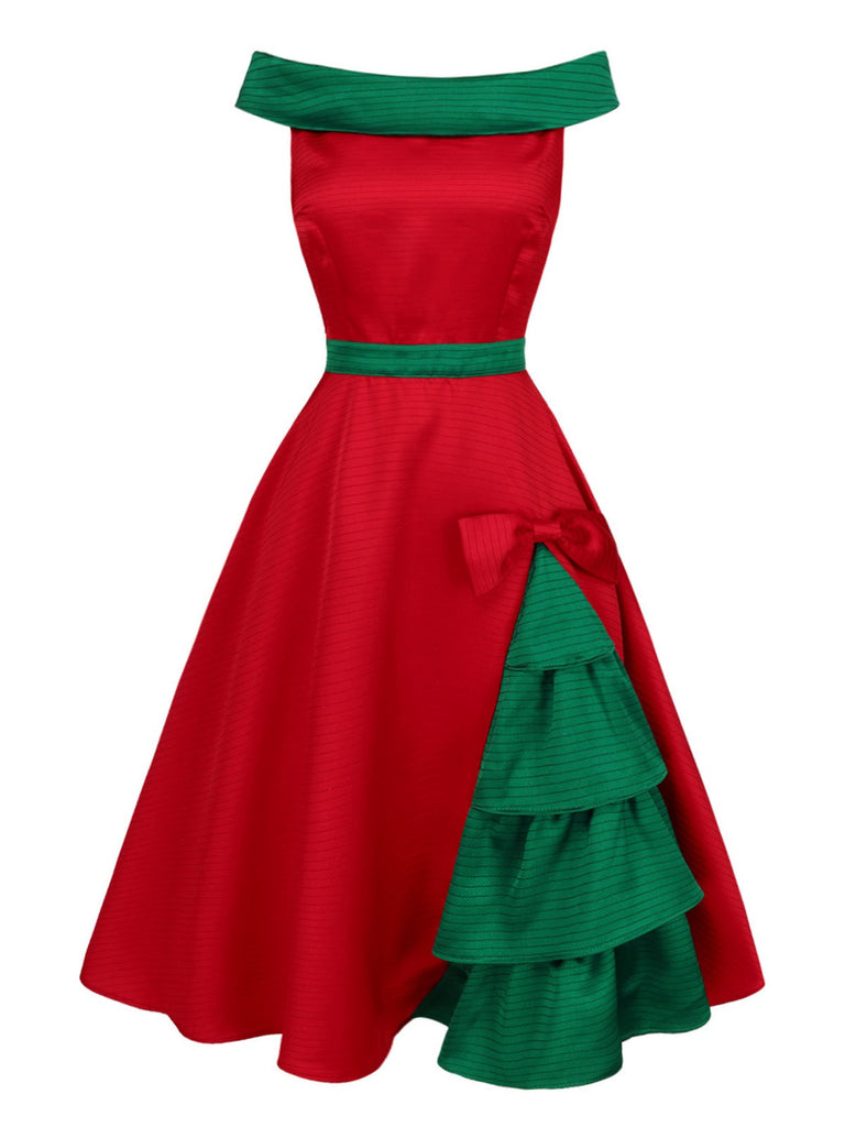 [Pré-vente] Robe à épaules dénudées rouge et verte sapin de Noël des années 1950