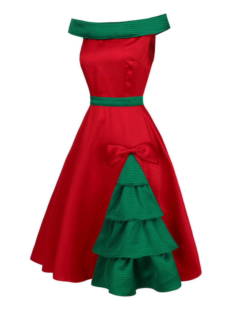 [Pré-vente] Robe à épaules dénudées rouge et verte sapin de Noël des années 1950