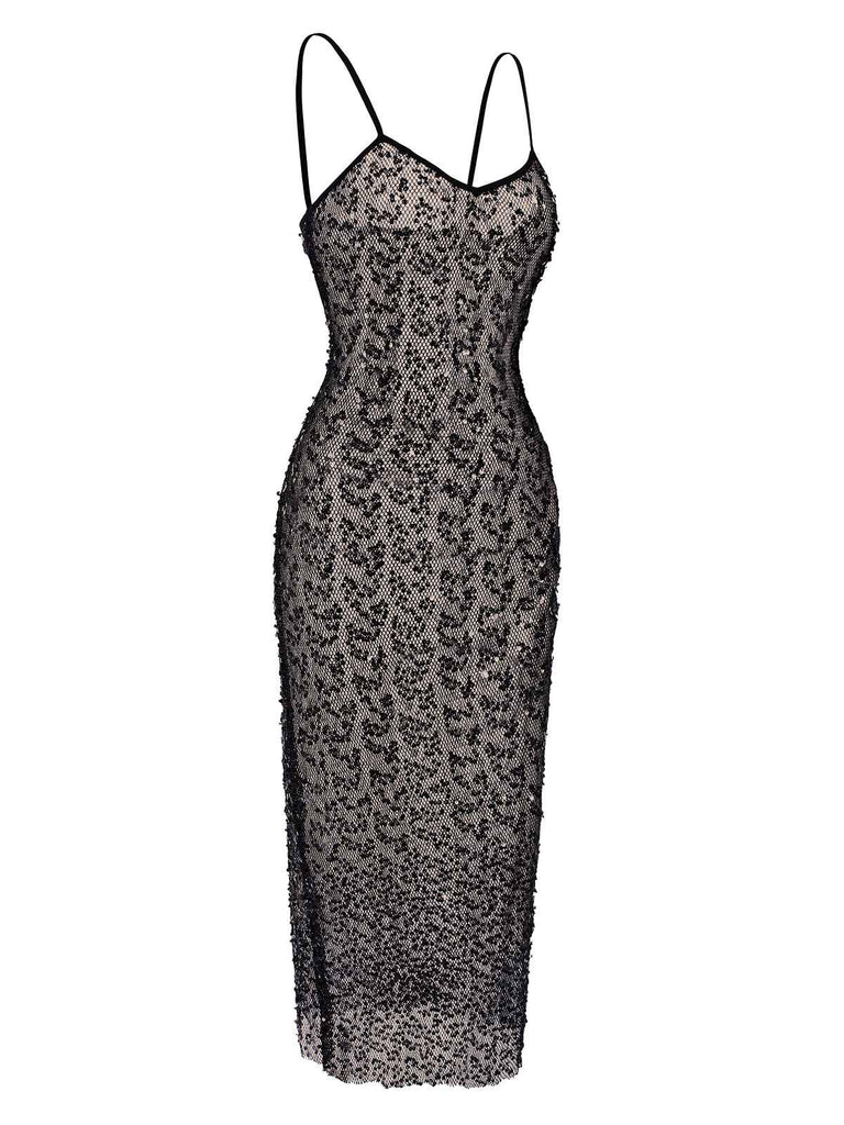 Robe noire à bretelles spaghetti pailletées des années 1960