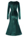 Robe en velours vert foncé à col en V des années 1930