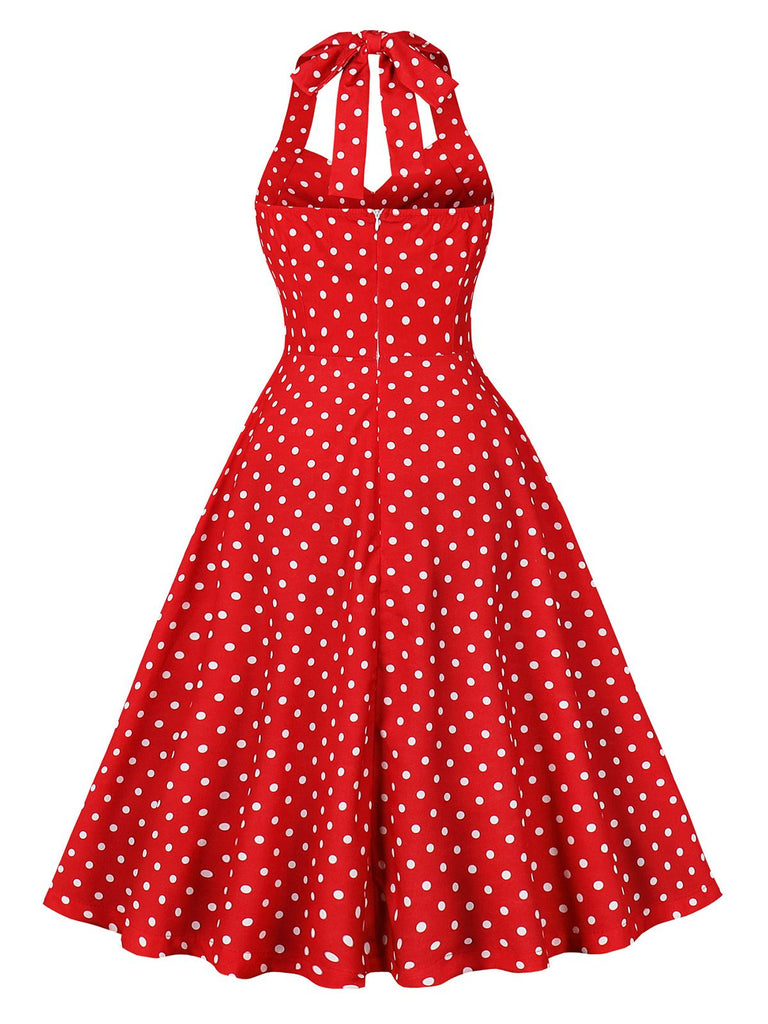 Robe trapèze rouge à pois dos nu des années 1950