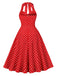 Robe trapèze rouge à pois dos nu des années 1950