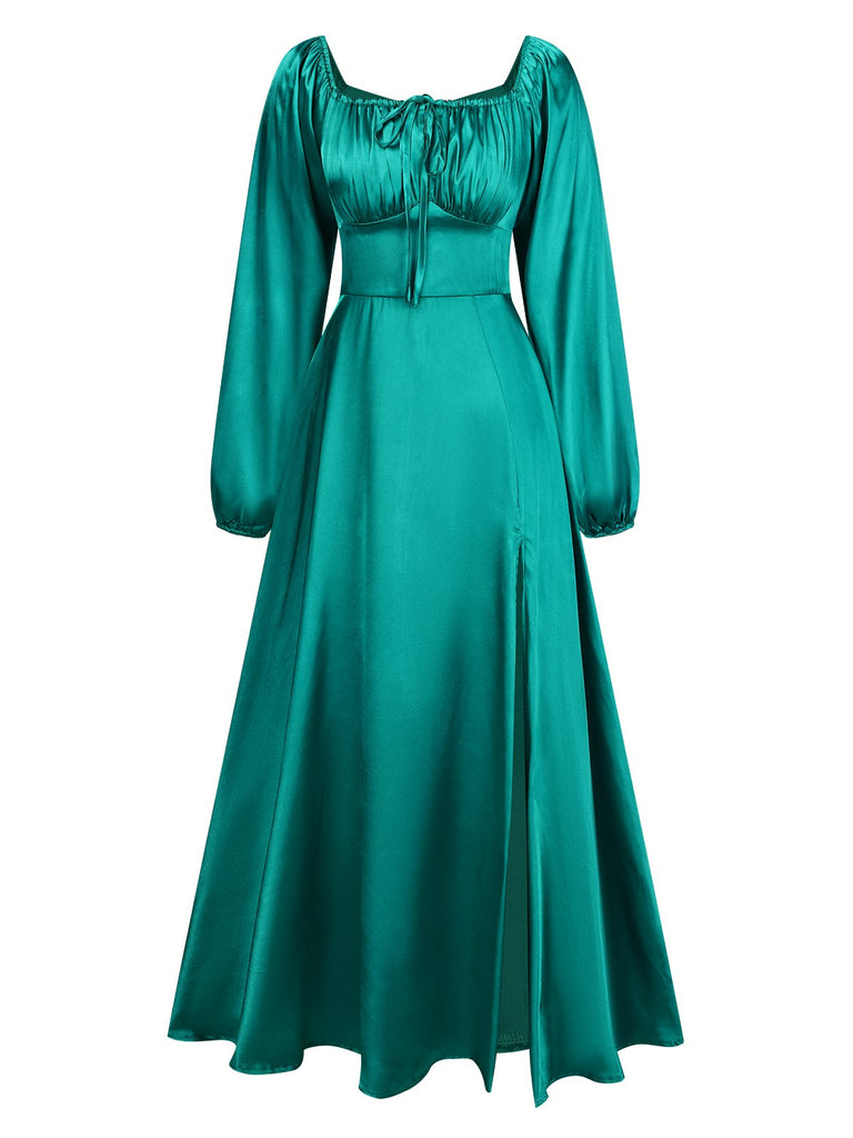 Robe plissée unie à col carré des années 1940