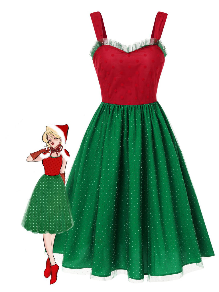 Robe à pois rouge et verte de Noël des années 1950