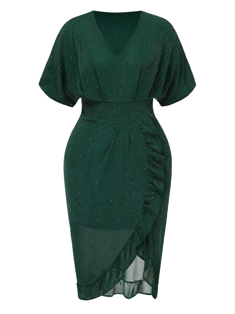 [Pré-vente] [Grande taille] Robe unie à volants et col en V vert foncé des années 40