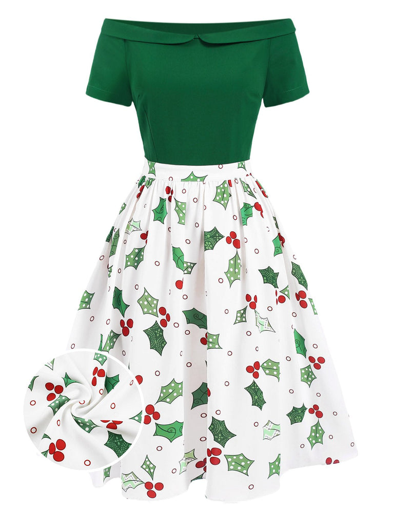 [Pré-vente] Robe patchwork de Noël verte à épaules dénudées des années 1950