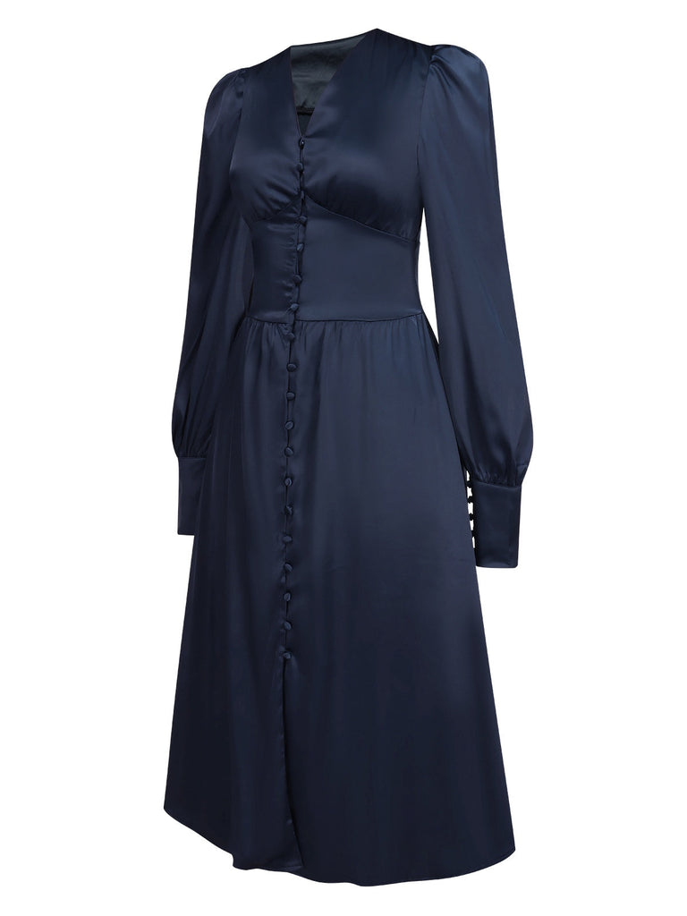 Robe boutonnée bleue à col en V et manches évêque des années 1940