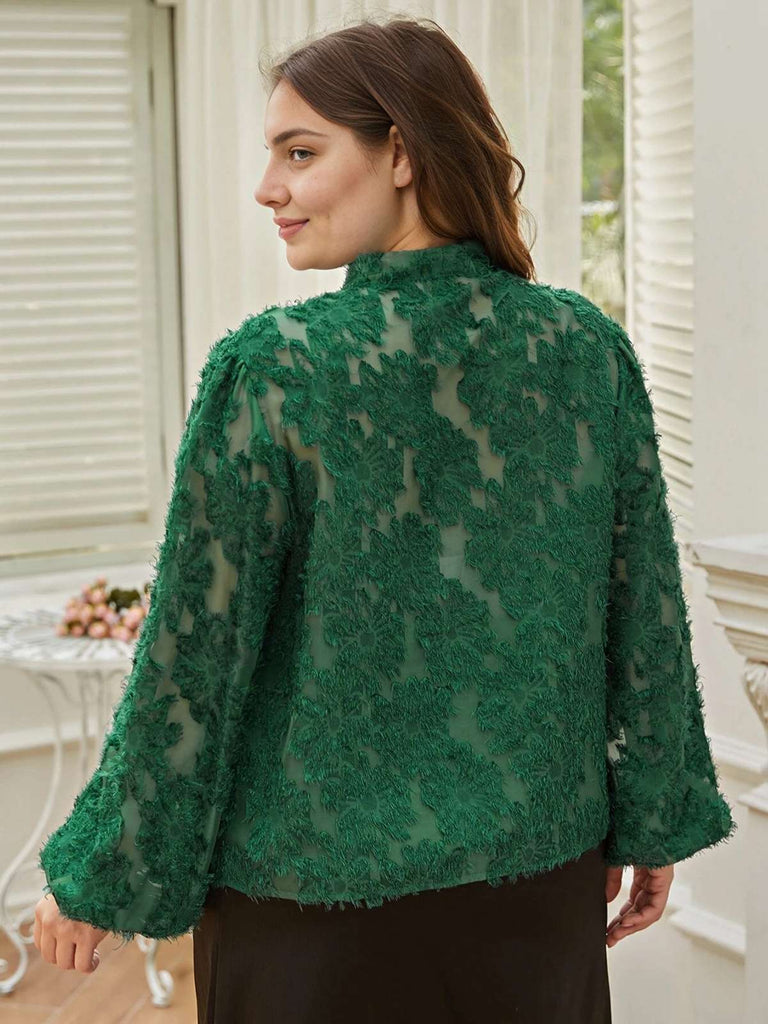 [Grande taille] Chemisier à col noué en jacquard fleuri uni des années 40