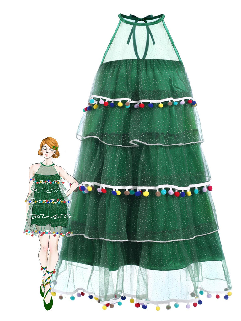 [Pré-vente] Robe verte à pompons pour sapin de Noël des années 60