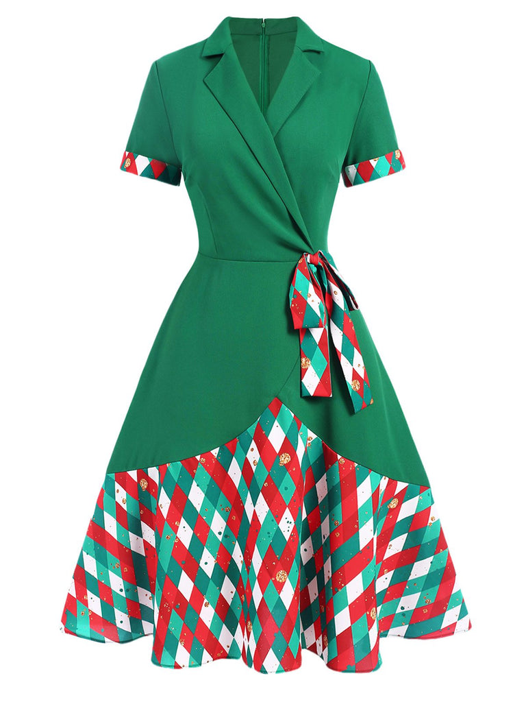 [Pré-vente] Robe à col cranté à carreaux colorés verts des années 40