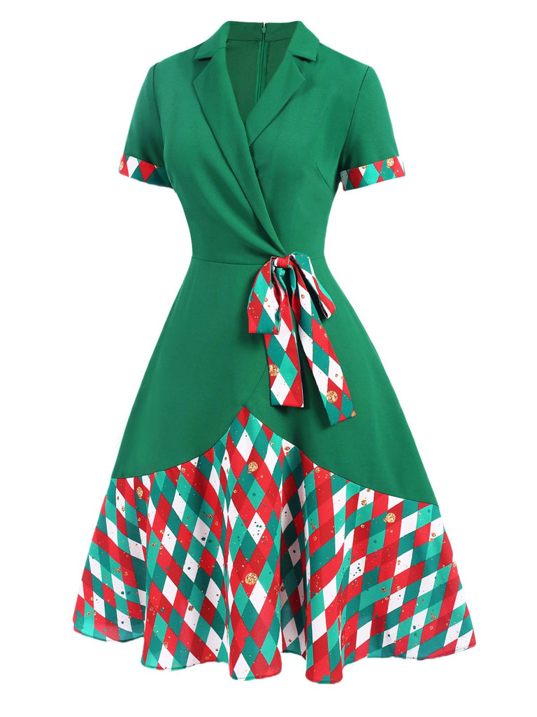 Robe à col cranté à carreaux colorés verts des années 40