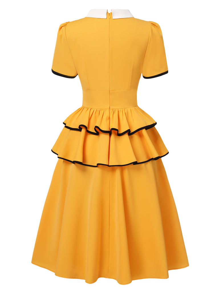 [Pré-vente] Robe jaune revers avec nœud jupe multicouche des années 1950