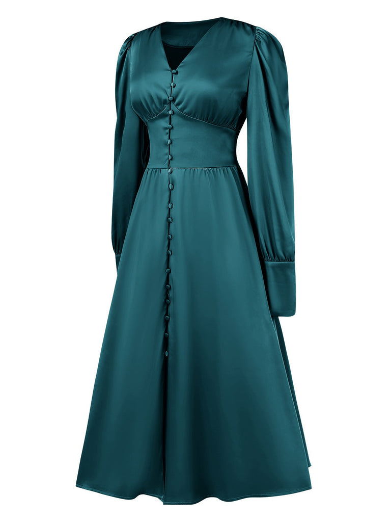 Robe boutonnée en faux satin à col en V des années 1940