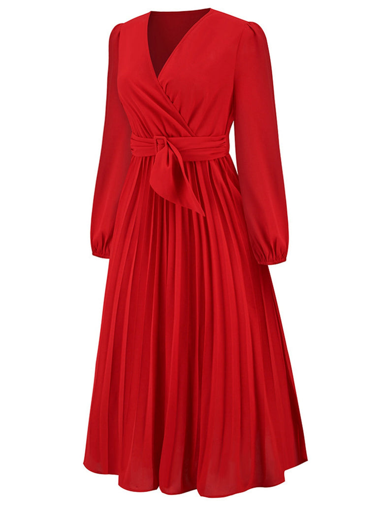 Robe plissée unie à col en V rouge des années 40