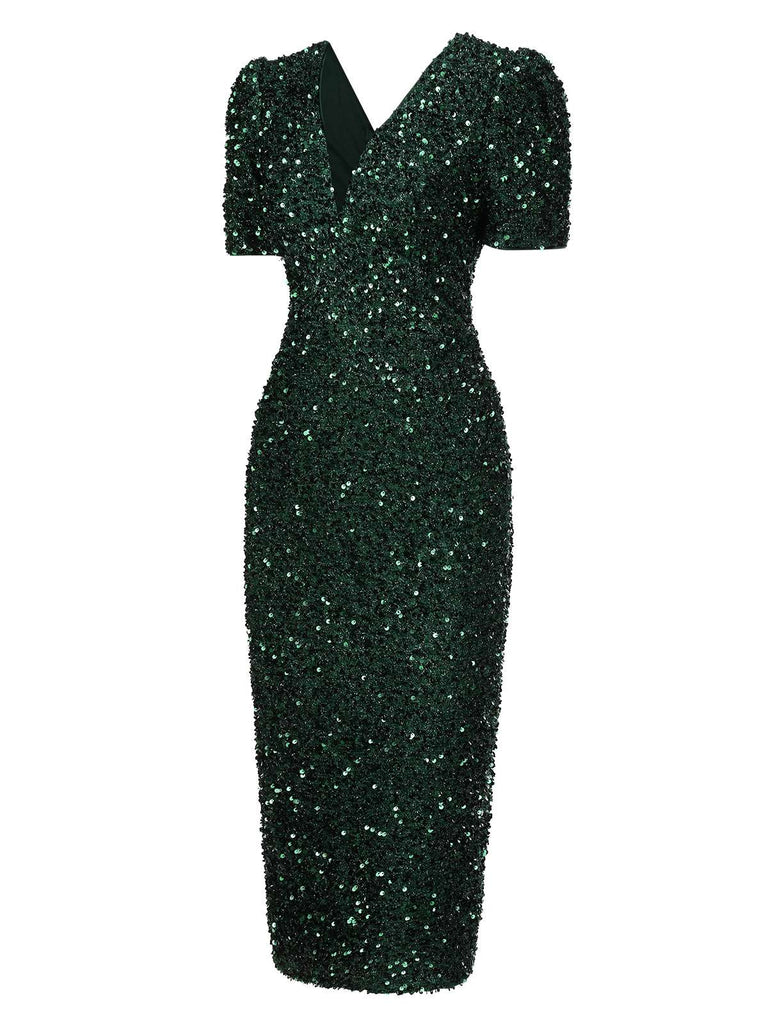 Robe crayon verte à paillettes et col en V des années 1960